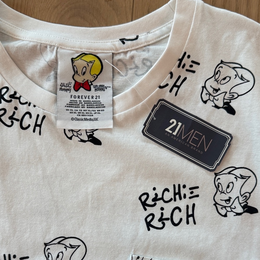 Forever 21 x Alec Monopoly White Richie Rich Cartoon Logo Pocket Tee XL  NWT - Picture 3 of 10